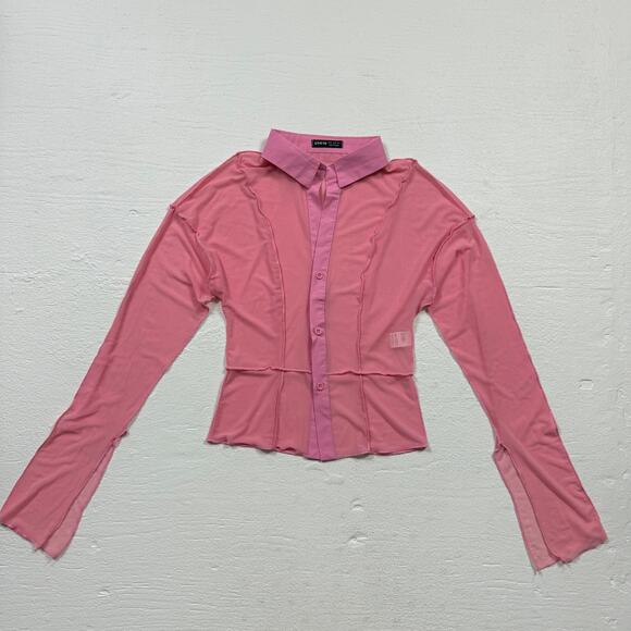 Shein Mesh Patchwork Button Up Pink Long Sleeve Top, Size Small - Picture 1 of 7